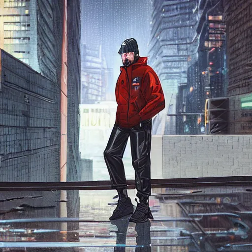 Prompt: A broad shouldered, muscular man wearing Acronym p-31 Ds pants and beige-earth Parka jacket and Nike Acronym presto sneakers, rooftop, sniper rifle stationed in background, Police sirens shining in far background, trending on r/techwearclothing, high quality, digital art, dirty cyberpunk city, rain, greg rutkowski