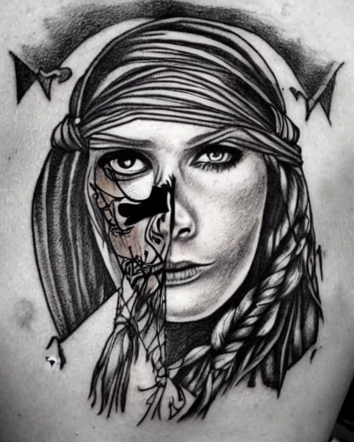 Image similar to pirate ship on a deserted island blended with a woman warrior face, realism tattoo drawing, hyper realistic, shaded