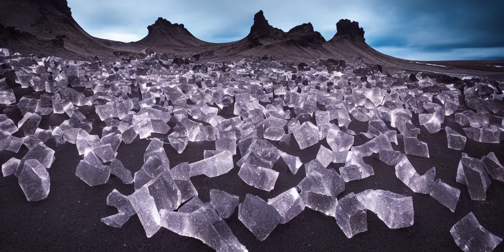 Prompt: 8 k landscape photo of incandescent jell - o icelandic rocks, wide shot, futuristic, skylights, light shafts, hyperrealistic, highly detailed and intricate, creepy, ominous, haunting, cinematic, atmospheric,