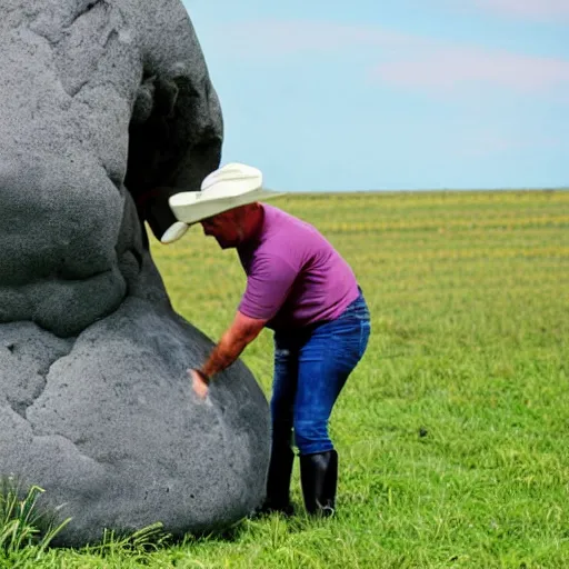 Image similar to a farmer milks a large rock that has udders.