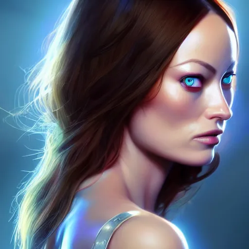 Image similar to Olivia Wilde, beautiful eyes, fantasy, beautiful face, vivid colors, elegant, concept art, sharp focus, digital art, Hyper-realistic, 4K, Unreal Engine, Highly Detailed, HD, Dramatic Lighting by Brom, trending on Artstation