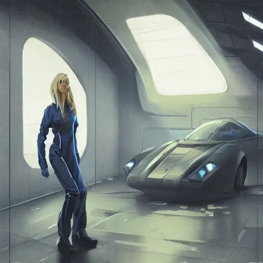 Image similar to concept art by greg rutkowski, a very tall, and slender blonde woman, wearing blue utilitarian jumpsuit, sitting in the spaceship command bridge, brutalist futuristic interior, dark lighting atmosphere, detailed portraits, nostalgic atmosphere, scifi, digital painting, artstation, concept art, smooth, sharp foccus ilustration, artstation hq