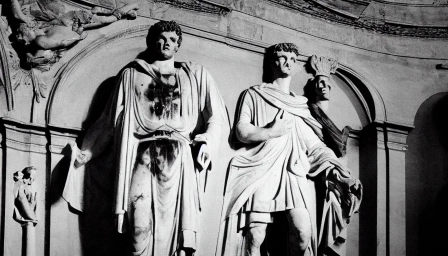 Prompt: movie still by of emperor caligula stabbed to death by senators in a dark blood flaque in a neoclassical room, cinestill 8 0 0 t 3 5 mm b & w, high quality, heavy grain, high detail, dramatic light, ultra wide lens, anamorphic