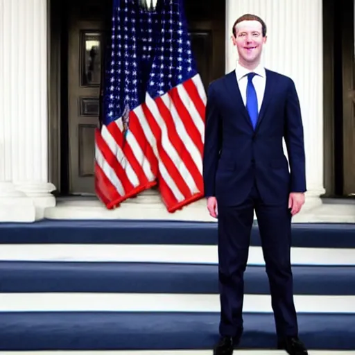 Image similar to mark zuckerberg as the president of the united states wearing a suit standing at the presidential podium