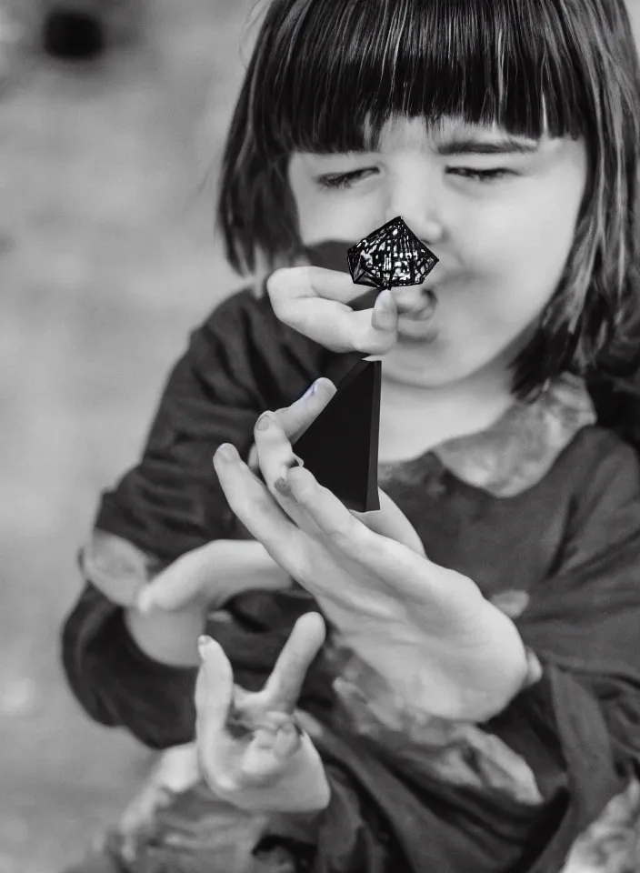 Prompt: a kid with bangs and black hair playing with a diamond-shaped mysterious device, hand drawn ink manga