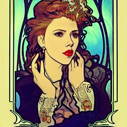 Image similar to scarlett johansson portrait by louis - theophile hingre and alphonse mucha, realistic, sharp focus, zodiac signs, tarot cards, planets, ethereal, art nouveau, magic, moon, sun, crown, dreamy, royal, jewellery