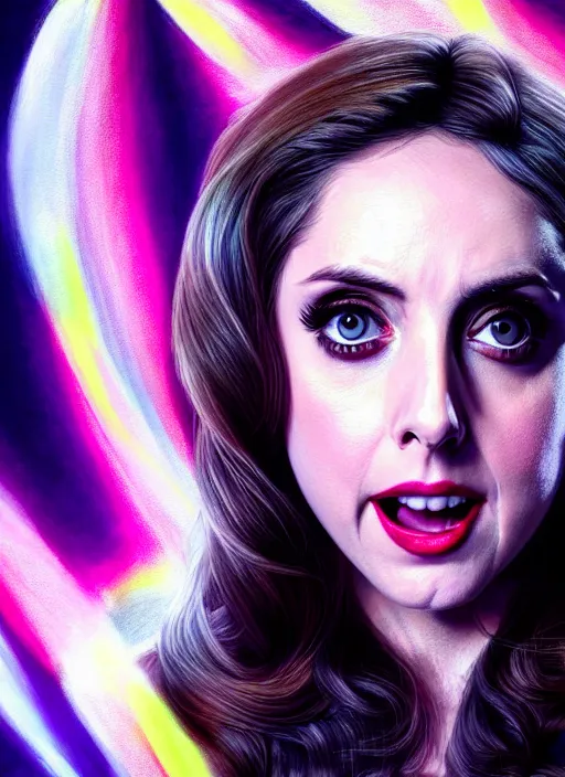 Prompt: evil Alison Brie in her best gala clothes staring in amusement at you. soft detailed painting at 16K resolution and amazingly epic visuals. epically beautiful image. amazing effect, image looks gorgeously crisp as far as it's visual fidelity goes, absolutely outstanding. vivid clarity. ultra detail. iridescent. mind-breaking. mega-beautiful pencil shadowing. beautiful face. Ultra High Definition. soft shading. soft texture. intensely beautiful.