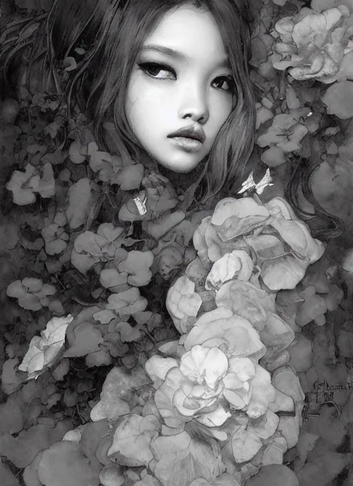 Prompt: a beautiful ghost greyscale portrait jennie rose blackpink black eyes begonias, butterfly hard lighting ethereal horror fantasy artwhite, by raymond swanland, gaston bussiere craig mullins alphonse mucha basil gogos norman rockwell, jack kirby, ruan jia, roberto ferri, jeremy mann, monet, by wlop, moebius syd mead roger dean yoshitaka