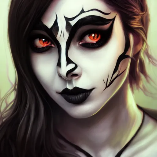 Prompt: a portrait of a beautiful willa holland black metal face paint, art by lois van baarle and loish and ross tran and rossdraws and sam yang and samdoesarts and artgerm, digital art, highly detailed, intricate, sharp focus, trending on artstation hq, deviantart, unreal engine 5, 4 k uhd image
