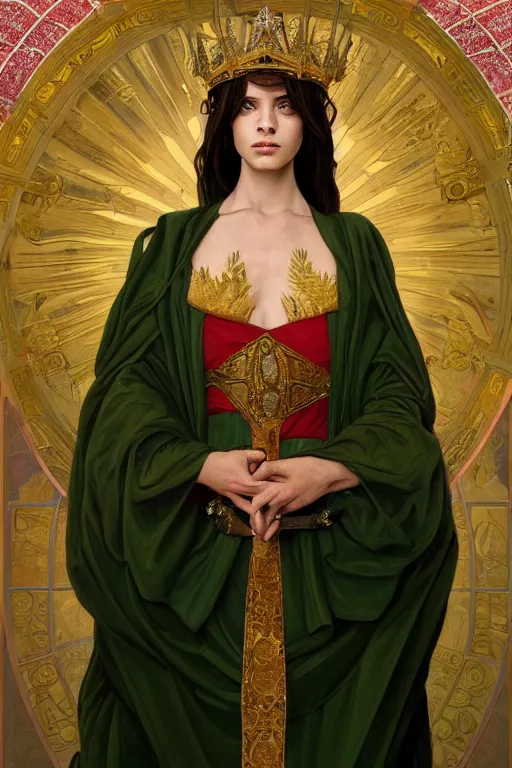 Image similar to Portrait of historically accurate, ancient biblical, pale, slim, shapely, young queen jezebel, wearing gilded red robes, long black hair, green eyes, intricate, elegant, highly detailed, digital painting, artstation, concept art, smooth, sharp focus, illustration, art by artgerm and greg rutkowski and alphonse mucha and andrei riabovitchev