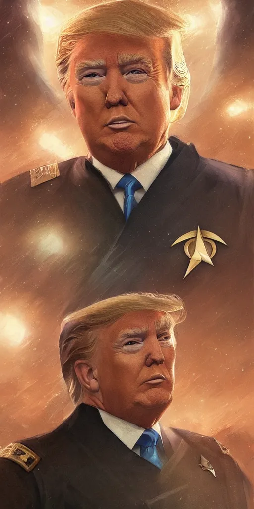 Image similar to portrait of Donald Trump wearing his starfleet captains uniform, realistic character concept, high fantasy, light atmosphere, golden ratio, cinematic lighting, hyperdetailed, high resolution, insanely detailed and intricate, artstation, Marc Simonetti, Greg Rutkowski