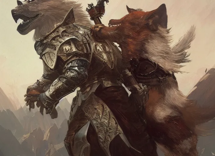 Image similar to a knight with a wolf head, medieval setting, highly detailed, digital painting, artstation, concept art, sharp focus, illustration, art by greg rutkowski and alphonse mucha