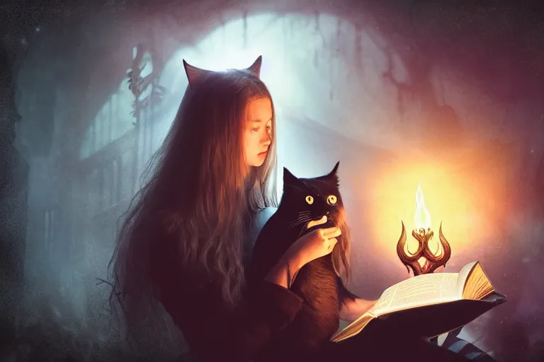 Image similar to romantic photo of bright girl, her cat and her book of necronomicon, symmetrical, cinematic, real dlsr photography, sharp focus, 4 k, ultra hd, sense of awe, sinister demonic atmosphere, dreadful, forbidden knowledge, old gods, cthulhu, yog - sothoth! yah, yah, yah! cultist journal cover