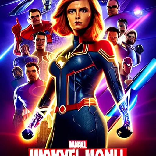 Image similar to a marvel poster with a superhero business woman in the center, ray tracing, high contrast