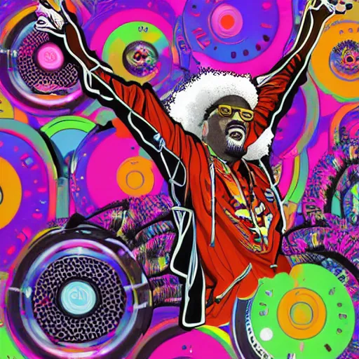 Image similar to svg sticker of a Dancing-Ben-Harper-Snoop-Spike-Lee-with-a-large-Afro-Puff, at a rave, spinning records, giant headphones rocking out, wearing headphones, huge speakers, dancing, rave, DJ, spinning records, digital art, amazing composition, rule-of-thirds, award-winning, trending on artstation, featured on deviantart