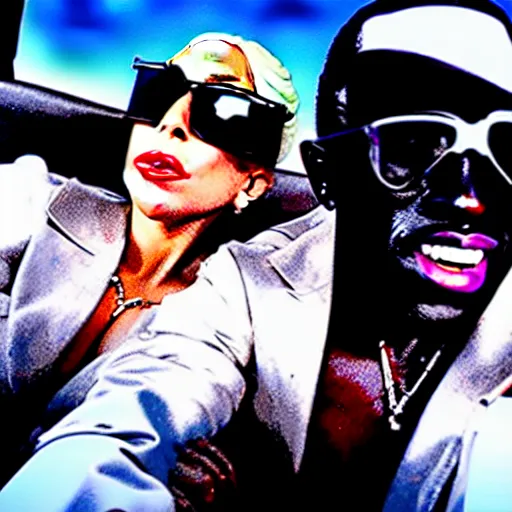 Image similar to film still lady gaga and wesley snipes dine on the sky diving, leica sl 2 5 0 mm, vivid color, high quality, high textured, real life