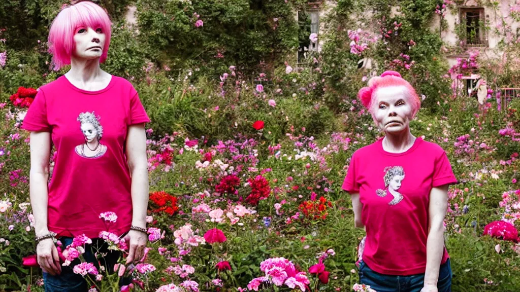 Prompt: portrait of a woman with pink hair buns, wearing a red t-shirt by Vivienne Westwood, standing in a garden full of flowers, intricate details, high detail, in a renaissance style, super-flat, punk