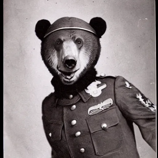 Prompt: A bear wearing a military uniform, vintage photo