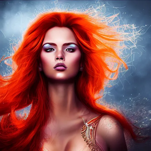 Prompt: a beautiful portrait of a gorgeous female pyromancer with flaming hair, digital art, photorealistic, intricate detail