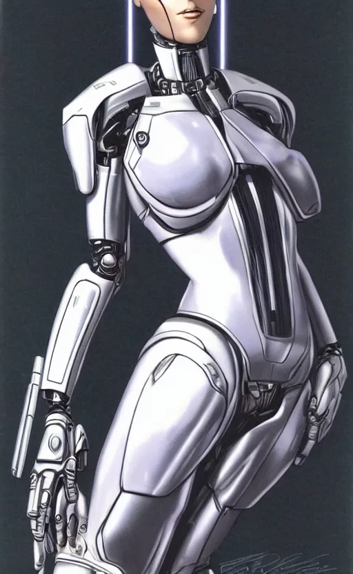 Prompt: edi from mass effect striking a pose illustrated by hajime sorayama, stylish, robot, human face