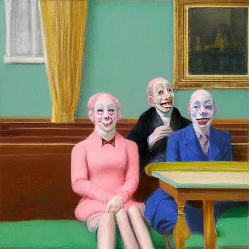 Image similar to a highly detailed beautiful portrait close up art painting of british members of parliament in the house of commons wearing pastel coloured clown costumes with pleasant oversized joyful faces, they are smoking. in the style of edward hopper, richard hamilton. concept art. green leather benches. photographic. concept. crisp digital art. no artefacts. desaturated. high fidelity facial portrait. 8 k