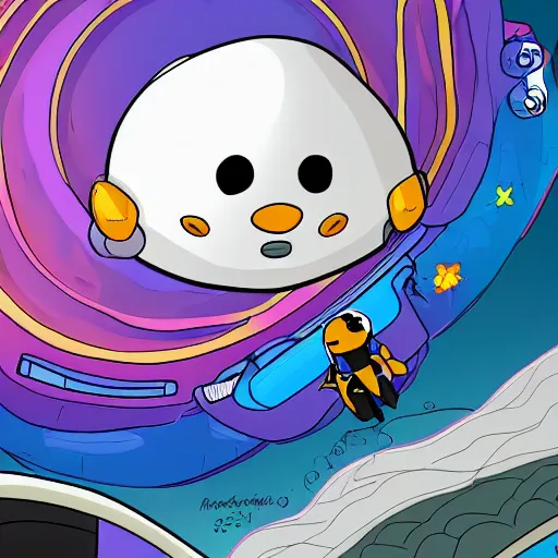 Prompt: captain Pingu goes for a ride on his spaceship, digital art, highly detailed