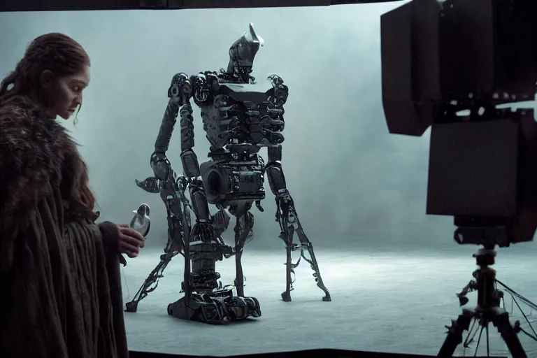 Image similar to vfx film, behind the scenes, on set, making of, film production, game of thrones robots, flat color profile low - key lighting award winning photography arri alexa cinematography, hyper real photorealistic cinematic, atmospheric cool colorgrade