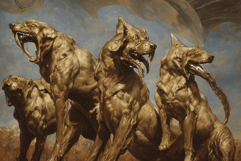 Prompt: hyperdetailed matte art of cerberus by william blake, ilya repin, amano, rene magritte, craig mullins, three headed dog, details