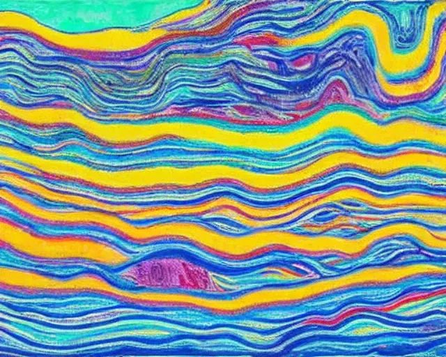 Image similar to Ocean waves in a psychedelic dream world. DMT. Curving rivers. Landscape painting by Edvard Munch. David Hockney. Takashi Murakami.