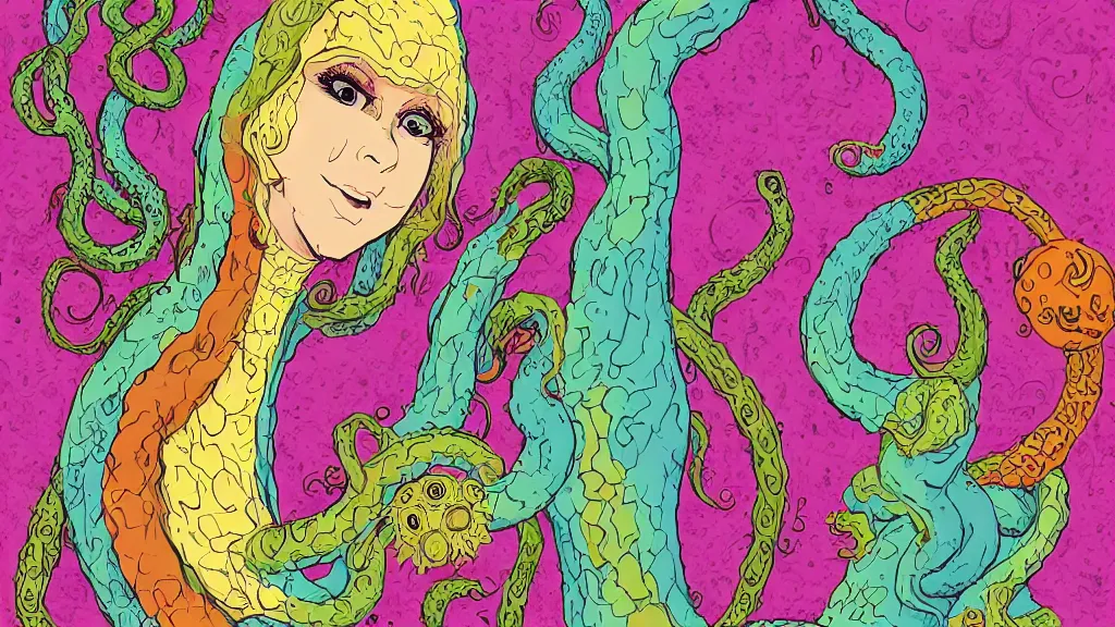 Prompt: aged paper, colorful character sheet for a stocky alien extraterrestrial female servant maid with thick snake - like tentacles instead of hair, long dress with apron, woodstock, psychedelic, 7 0 s, coherent, illustration, digital art, trending on artstation, hd, 8 k, good lighting, beautiful, rough paper, masterpiece