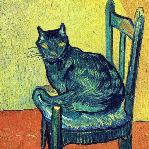 Image similar to cat sitting in a chair. oil painting by vincent van gogh.