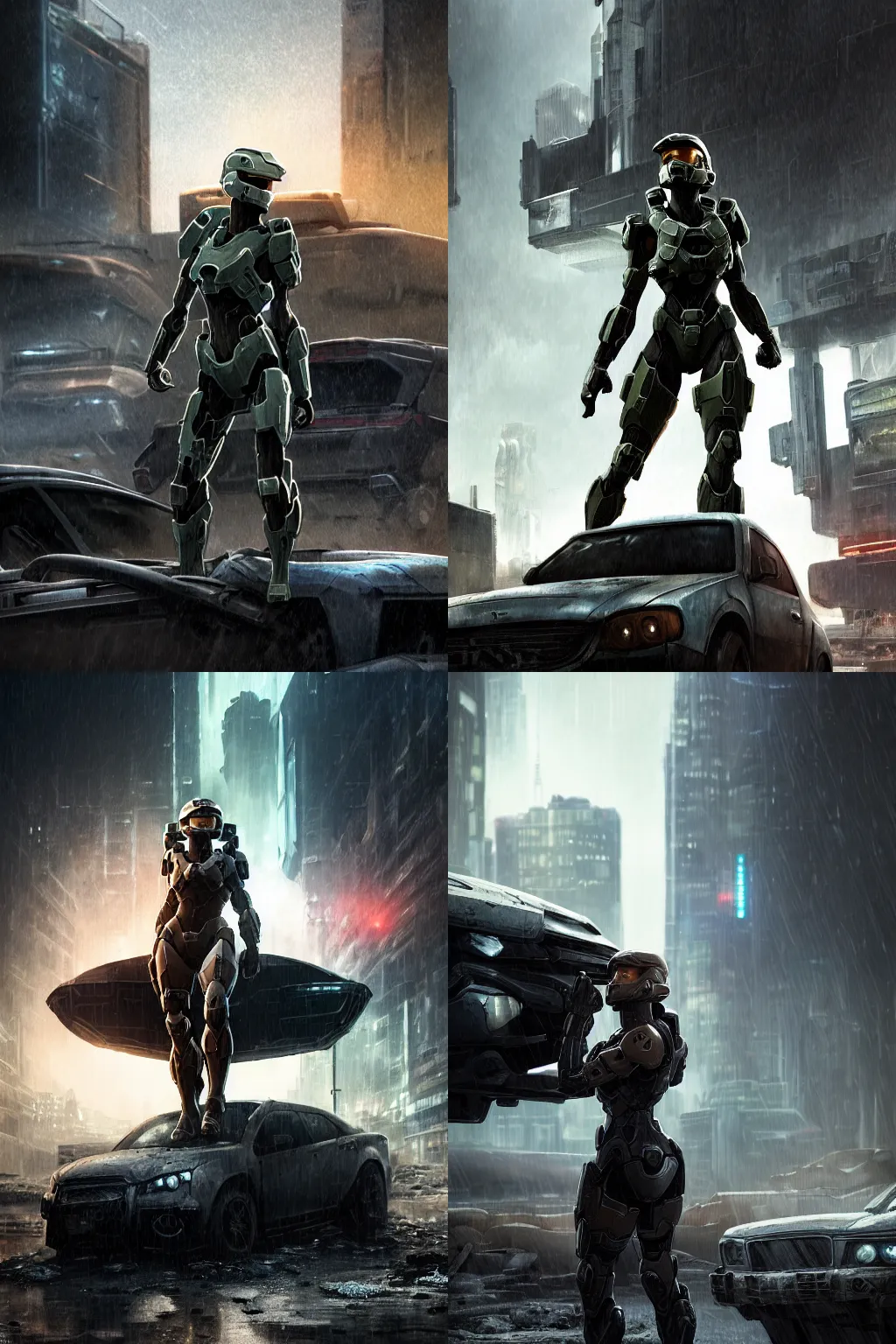 Prompt: character portrait of a woman in halo infinite mjolnir mark 6 spartan armor sitting on top of a broken car in a desolate cyberpunk wasteland city, 8 k, realistic shading, concept art, digital painting, illustration, matte painting, moody lighting, sharp focus, minimal artifacts, wet, heavy rain, rainstorm