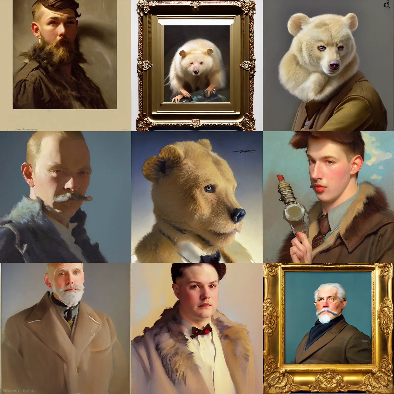 Prompt: painting by sargent and leyendecker and greg hildebrandt, james gurney, apollinaris vasnetsov, savrasov levitan polenov, studio ghibli style, porcelain organic, detailed fur, bear mouse hybrid character portrait, octane rendering