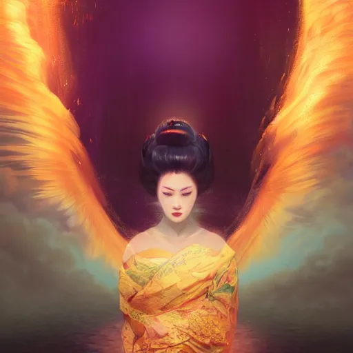 Prompt: semi semi realistic digital painting!! portrait of beautiful geisha flying over a lake filed with molten gold, volume lighting, concept art, by greg rutkowski, dramatic, xray melting colors!!