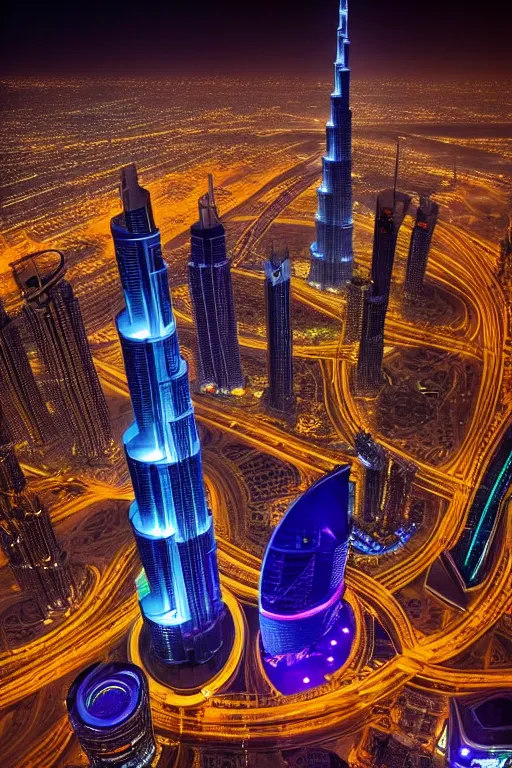 Image similar to neon streets of dubai burj khalifa, 4 k, award winning photo