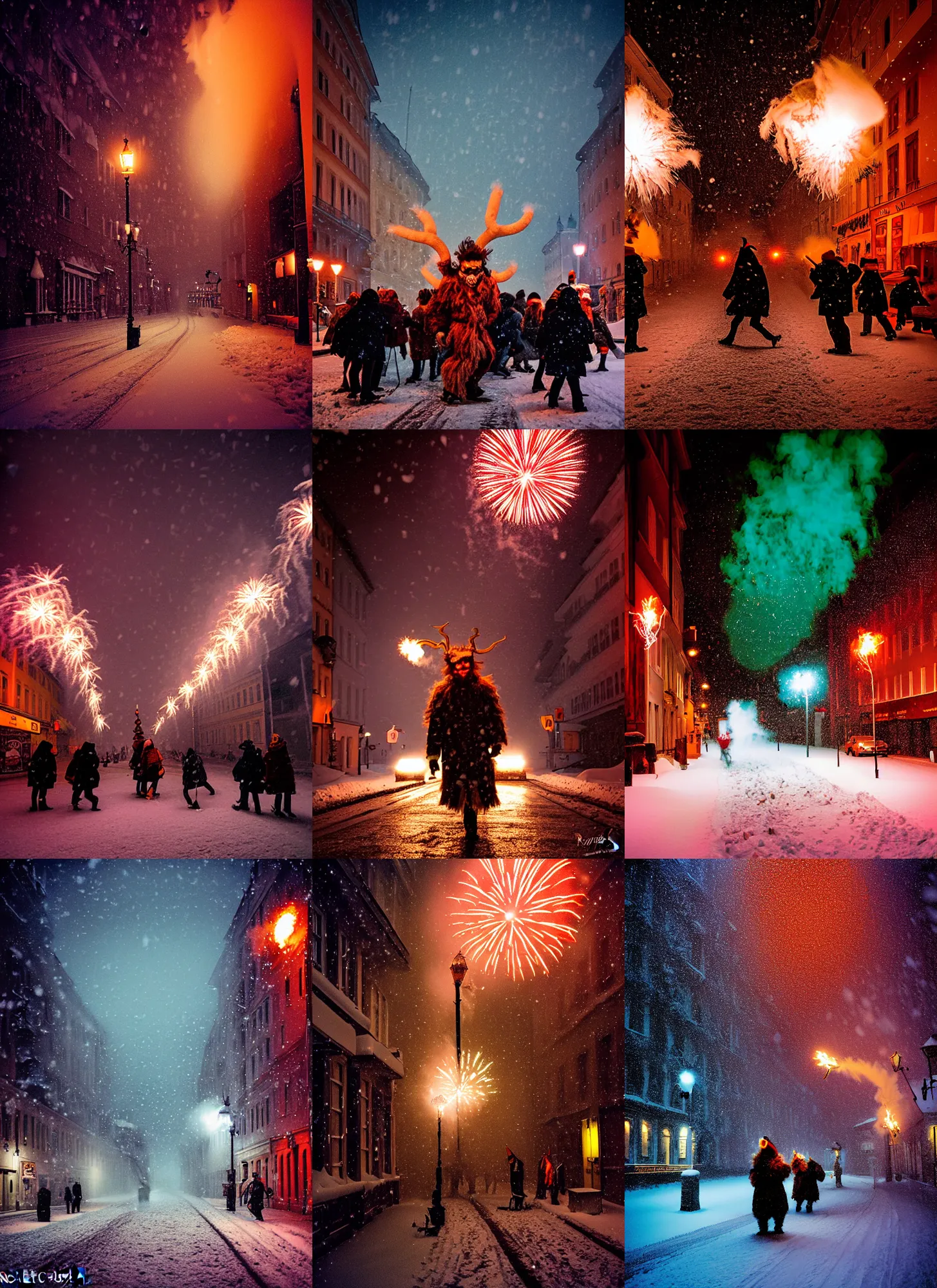 Prompt: kodak portra 4 0 0, winter, snowflakes, snowstorm, award winning dynamic photograph of a bunch of hazardous krampus by robert capas, in muted colours, striped orange and teal, motion blur, on a street in salzburg at night with colourful pyro fireworks and torches