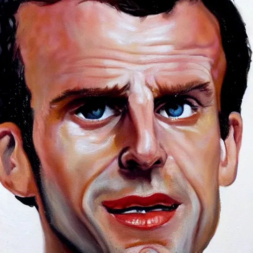 Prompt: highly realistic painting of Emmanuel Macron in American Psycho (1999)