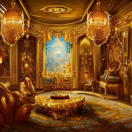 Prompt: Ornate Room full of treasures Golden Coins Heirlooms Paintings Jewels Gemstones Jewelry Magical Sparkling Diamonds Riches Fantasy Hyper detailed digital matte painting, concept art, hyperrealism, Cinema 4D, 8k resolution, 64 megapixels, coherent, bokeh, CGSociety, ZBrush Central, behance HD, hypermaximalist, a masterpiece, 4K