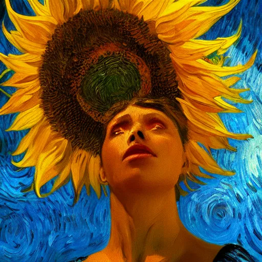 Image similar to closeup, giant sunflower head, woman standing in a room, surreal, dramatic light, impressionist painting, digital painting, artstation, van gogh