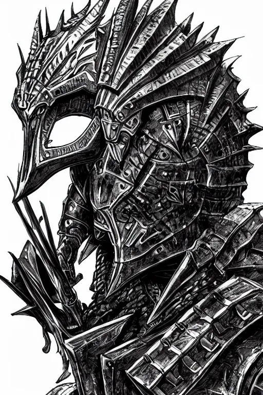 Image similar to armoured warrior human figure monster, symmetrical, highly detailed, digital art, crow themed armour, sharp focus, trending on art station, kentaro miura manga art style