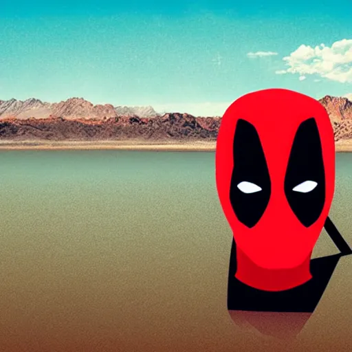 Image similar to deadpool sticking his head out of empty drained lake mead, with the words lake mead written across the top, in comic book style