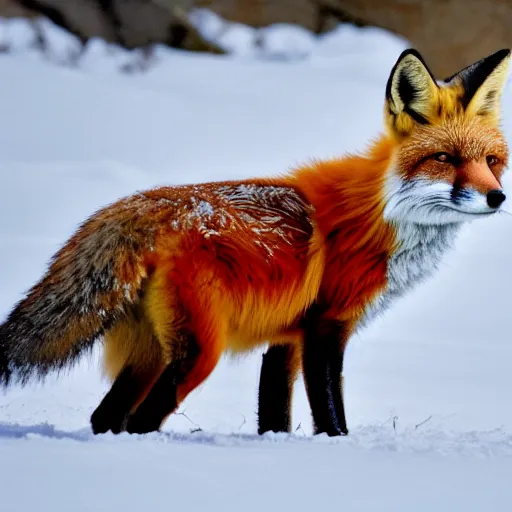 Prompt: a picture of a red fox in the snow