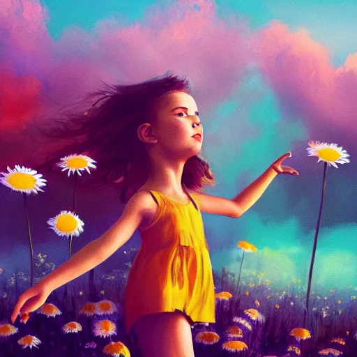 Image similar to head made of giant daisies, girl dancing barefoot in a vast flower field, arms behind back, surreal photography, sunrise dramatic light, impressionist painting, colorful clouds, large sky, digital painting, artstation, simon stalenhag, flower face