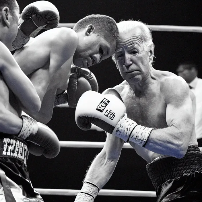 Prompt: boxing match of joe biden and donald trump, zoomed b & w detailed sharp photo