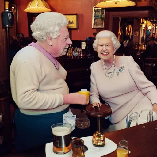 Prompt: Queen Elizabeth having a pint with a fat bald guy at the local pub