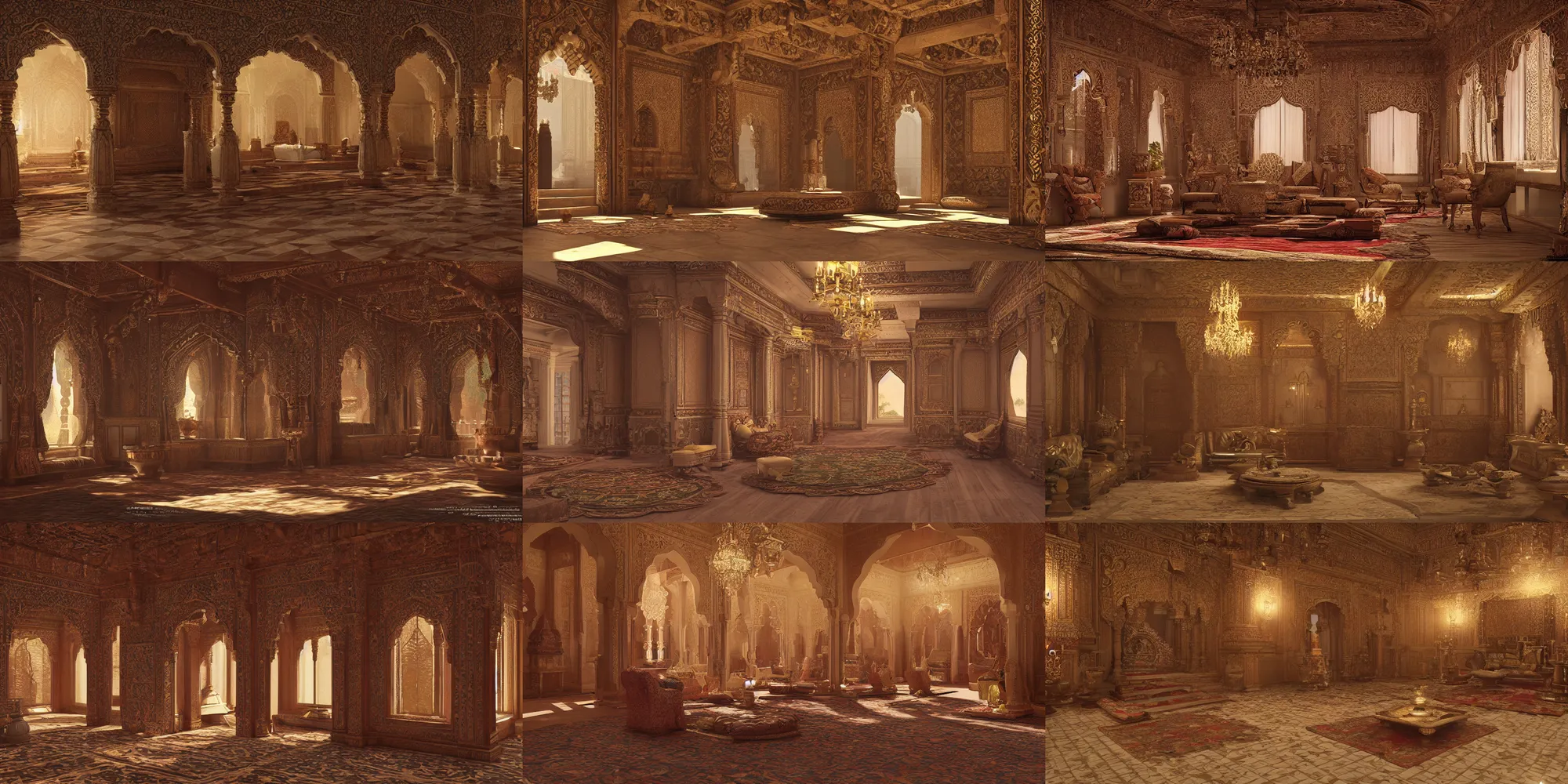 Prompt: interior of an indian castle, ornate, decorated, octane render, trending on artstation, cgsociety