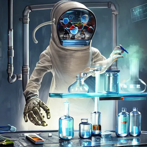 Image similar to illustration mouse cyborg performing a chemistry experiment, in a cluttered lab, lots of beakers, cyberpunk, sci - fi fantasy, intricate, elegant, highly detailed, digital painting, artstation, concept art