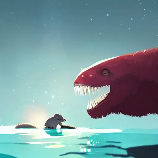 Prompt: a tyrannosaurus eating a baby harp seal, in a tropical alien world, atey ghailan, goro fujita, studio ghibli, scary lighting, clear focus, very coherent