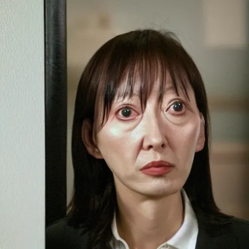 Prompt: ceo of binance changpeng zhao as shelley duvall in the iconic shining movie door axe