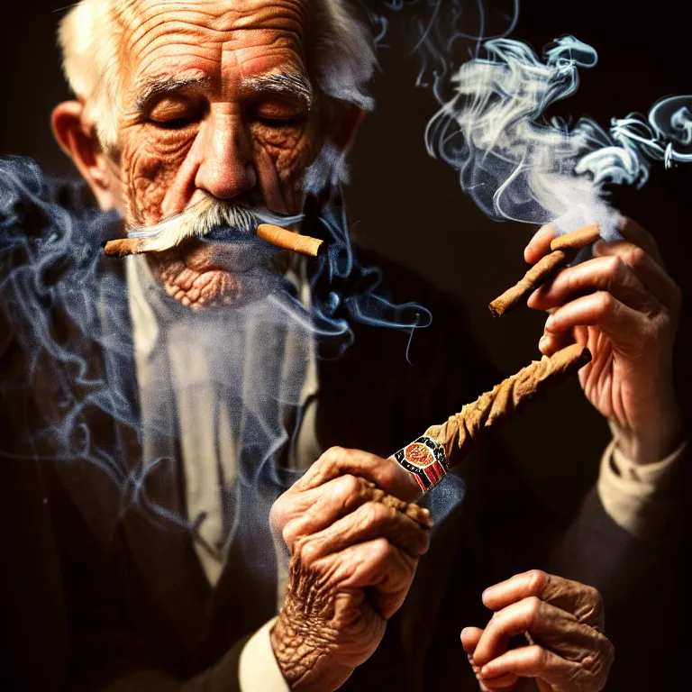 Image similar to a intricately detailed portrait of an old man, smoking a lit perfectly symmetrical cuban cigar, looking at a case of freshly opened monti cristo cigars, cinematic photography, smoke rising like clouds, beautifully symmetrical, super resolution, cgi, trending on art station, volumetric lighting & shadows, hyper detailed, 8 k, unreal engine, canon 2 0 0 mm,